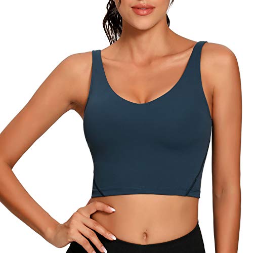 Lemedy Damen Sport-Bustier, langes, bauchfreies Tank-Top, gepolstert, Workout, Laufen, Yoga - - 8, Dunkelcyan von Lemedy