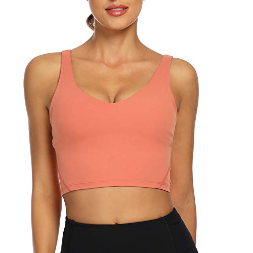 Lemedy Damen Sport-Bustier, langes, bauchfreies Tank-Top, gepolstert, Workout, Laufen, Yoga - Pink - Large von Lemedy