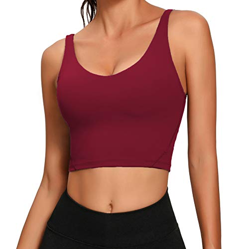 Lemedy Sport-BH für Damen, lang, bauchfrei, gepolstert, für Workout, Laufen, Yoga, Burgunder, small von Lemedy