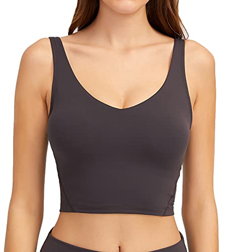 Lemedy Sport-BH für Damen, lang, bauchfrei, gepolstert, für Workout, Laufen, Yoga, Dark Carbon, Large von Lemedy