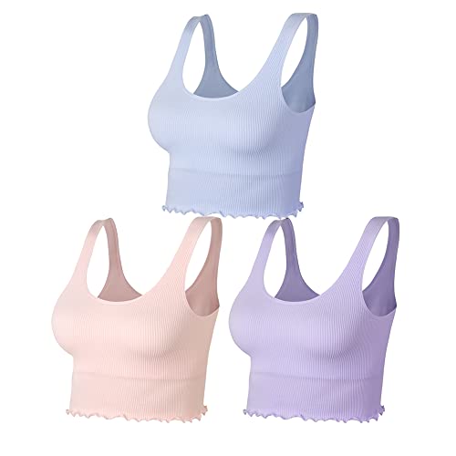 Lemef Damen Crop Tops Ribbed Sport BH Ohne Bügel Yoga Sport Tops Keine Gepolstert 3 Stück Rosa,Lila,Blau, L von Lemef