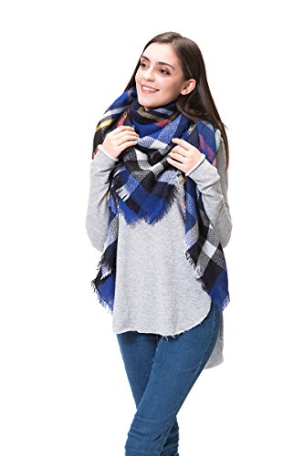 Lemef Damen Schal Kariert Winterschal Quadratisch Deckenschal Karo Tartan Streifen Plaid Muster Oversized Fransen Poncho von Lemef