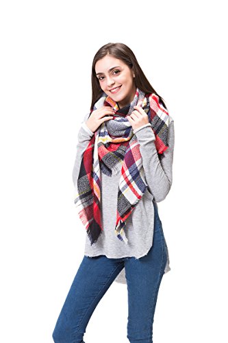 Lemef Damen Schal Kariert Winterschal Quadratisch Deckenschal Karo Tartan Streifen Plaid Muster Oversized Fransen Poncho von Lemef