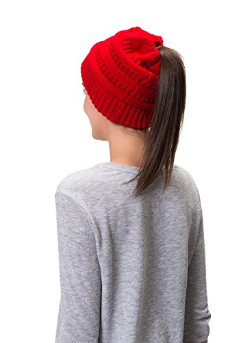 Lemef Damen Wintermütze Mütze Beanie Hat Cap Gestrickte mit Zopfloch Pferdeschwanz, Red, Einheitsgröße von Lemef