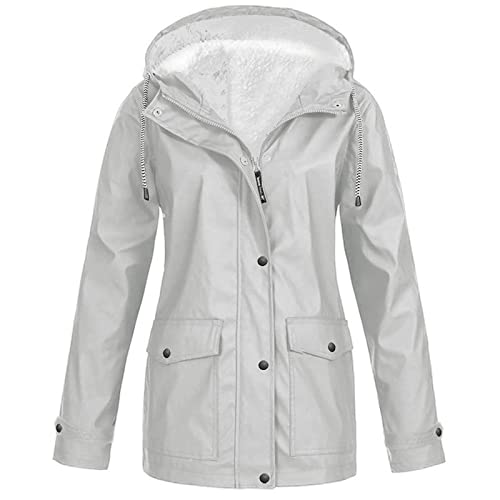 Lemoiitea Damen Winter Plus Samt Regenjacke Mode Einfarbig Outdoor Warme Jacken Winddicht Reißverschlusstaschen Kapuze Regenmantel Wasserdicht Windbreaker für Wandern Radfahren, grau, 52 von Lemoiitea