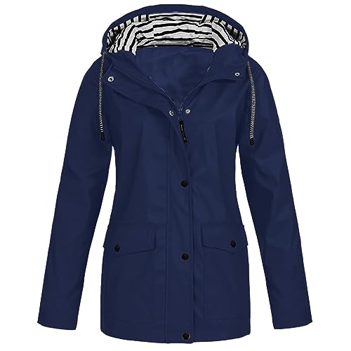 Lemoiitea Mode Einfarbig Regenjacke Damen Outdoor Plus Size Winddicht Regenmantel Casual Langarm Reißverschluss Kapuzenmäntel mit Taschen Regenschutz Windbreaker für Wandern Camping, navy, 48 von Lemoiitea