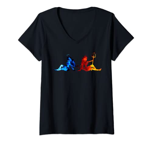 Damen Angel Wicked Silhouette Fire and Ice T-Shirt mit V-Ausschnitt Damen Angel Wicked Silhouette Fire and Ice T-Shirt mit V-Ausschnitt von Lemon Drop Clothing Brand