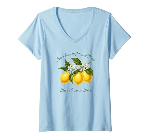 Damen Amalfi Zitronen Sommer Obst Botanisches Design T-Shirt mit V-Ausschnitt Damen Amalfi Zitronen Sommer Obst Botanisches Design T-Shirt mit V-Ausschnitt von Lemon Grove Coastal Vibes Kleidung