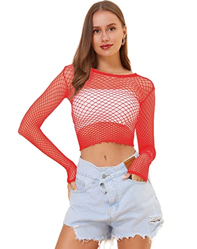 LEMONGIRL Langärmeliges Crop-Top für Damen, Babydoll-Unterhemd, Netz-Top, Größe 35-44, rot, XS-3XL von LemonGirl