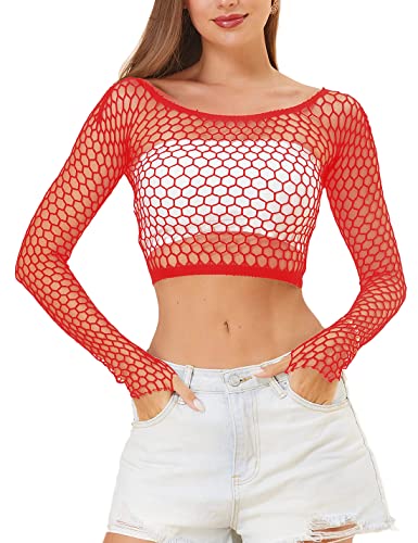 Zitrone Mädchen Damen Fischnetz Langarm Top Dessous Babydoll Chemise Netzshirt Einheitsgröße US 2-16, Rot/Ausflug, einfarbig (Getaway Solids), Einheitsgröße von LemonGirl