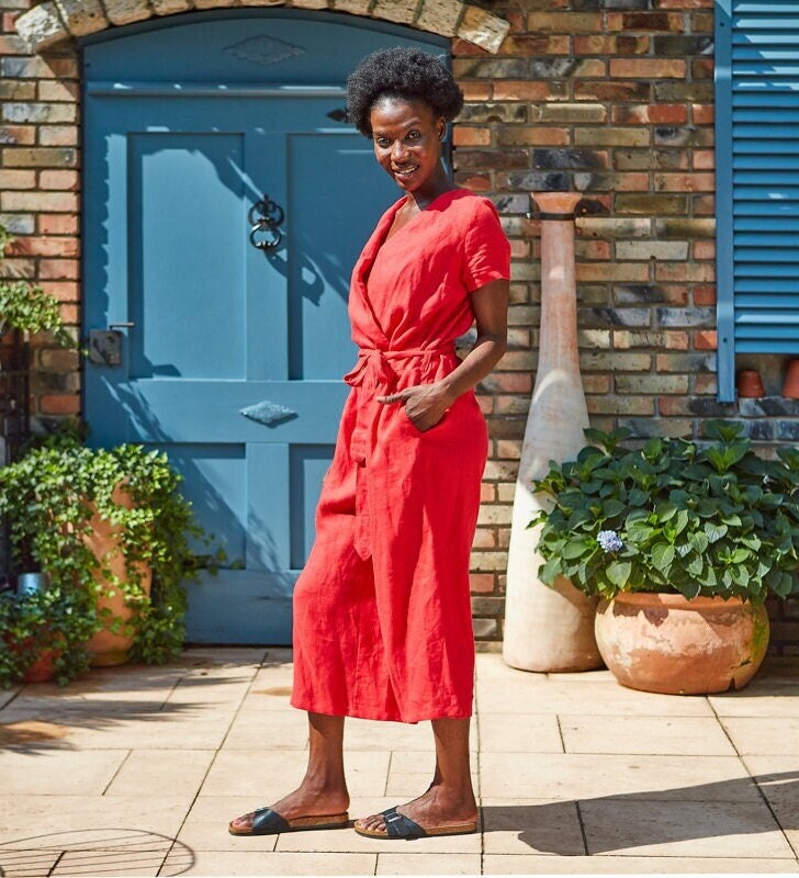 Langer Gewickelter Leinen-Jumpsuit, Loser Leinen-strampler Mit Gürtel Und Taschen, Weicher Leinen-Overall-Frauenanzug, Sommer-Jumpsuit Kurzen Ärmeln von LemonLinen