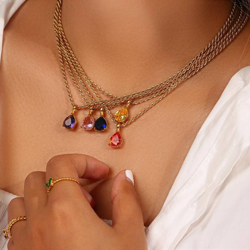 Wasserdichte Birthstone Teardrop-Halskette Hypoallergener Edelstahl von LemonLuxStudio