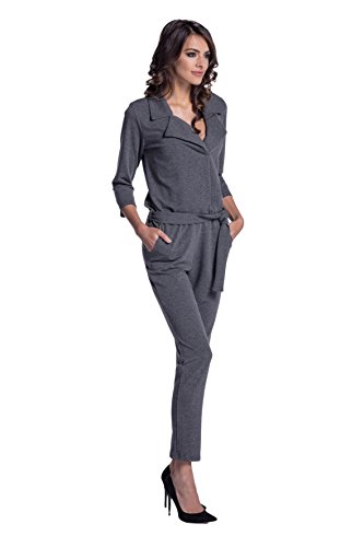 Lemoniade eleganter Jumpsuit mit 3/4-Ärmel, elegantem Kragen und ausgefallener Schnürung an der Hüfte (L (40), Modell 2 Dunkelgrau) von Lemoniade