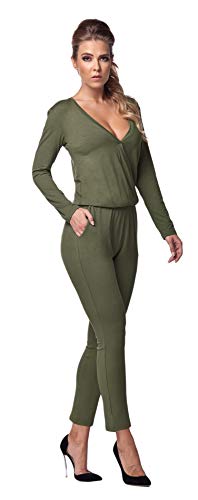 Lemoniade stylischer Jumpsuit Made in EU mit V-Ausschnitt und raffinierten Details, Khaki Langarm, Gr. L (38/40) von Lemoniade
