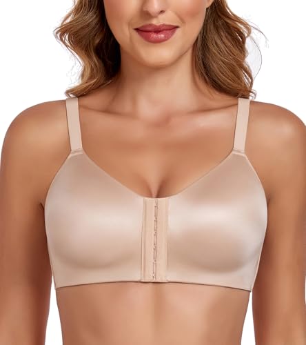 Lemorosy BH Damen Ohne Bügel Vorne Verschluss Große Größen Starker Halt Ungepolster Vollschalen Bequem Klassisch BHS (Beige,85D) von Lemorosy