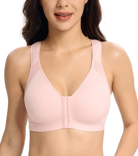 Lemorosy BH Damen Ohne Bügel Vorne Verschluss Große Größen Starker Halt Vollschalen Ungepolstert Bügelloser Klassischer BH Rückenstütze Racerback(Rosa,95D) von Lemorosy