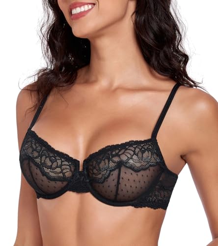 Lemorosy Balconette BH Damen mit Bügel Große Größen Spitze Halbschale Ungepolstert Transparent Balkonette-BH Mesh Durchsichtig (Schwarz,75B) von Lemorosy
