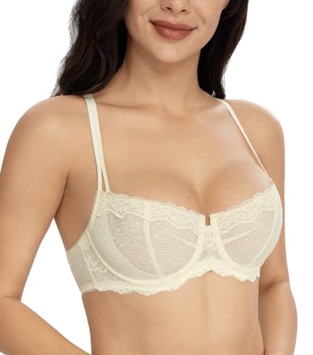 Lemorosy Damen Balconette BH Spitze Bügel Push Up Komfort Ungepolster BH Große Größen(Beige,70C) von Lemorosy