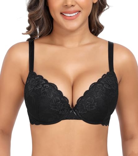 Lemorosy Damen Blumen Spitze BH mit Bügel Push Up V-Schnitt Große Größen Starker Halt Gepolstert Schalen Bequem Klassisch BH (Schwarz,70D) von Lemorosy