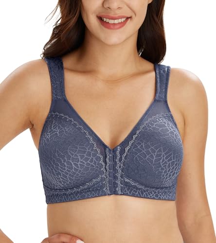 Lemorosy BH Damen Ohne Bügel Komfort Große Größen Starker Halt Vorne Verschluss Rückenstütze Ungepolstert Bügelloser Klassischer BH Bralette(Blau,75D) von Lemorosy