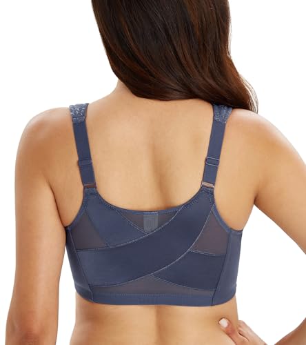 Lemorosy BH Damen Ohne Bügel Komfort Große Größen Starker Halt Vorne Verschluss Rückenstütze Ungepolstert Bügelloser Klassischer BH Bralette(Blau,95E) von Lemorosy