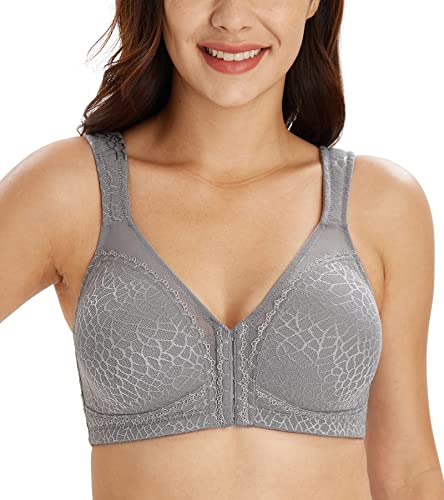 Lemorosy BH Damen Ohne Bügel Komfort Große Größen Starker Halt Vorne Verschluss Rückenstütze Ungepolstert Bügelloser Klassischer BH Bralette(Grau,90D) von Lemorosy