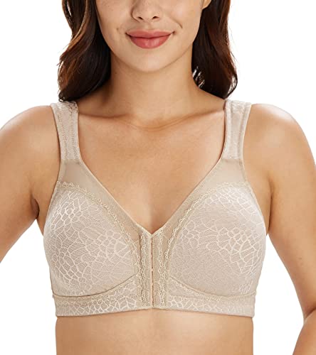 Lemorosy BH Damen Ohne Bügel Komfort Große Größen Starker Halt Vorne Verschluss Rückenstütze Ungepolstert Bügelloser Klassischer BH Bralette(Toffee,95G) von Lemorosy
