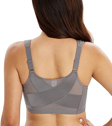 Lemorosy BH Damen Ohne Bügel Komfort Große Größen Starker Halt Vorne Verschluss Rückenstütze Ungepolstert Bügelloser Klassischer BH Bralette(Grau,90F) von Lemorosy
