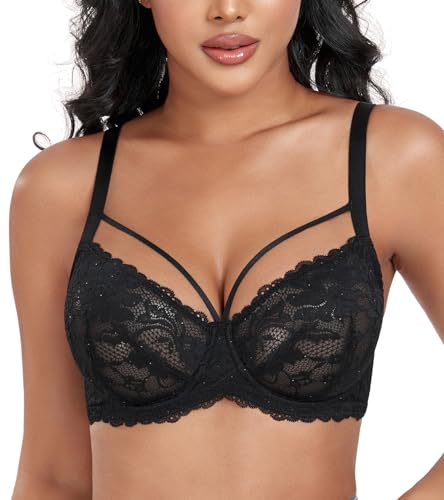 Lemorosy Damen Minimizer BH Vollschalen Ungepolster Floraler Spitze BH Plus Size Unterwäsche BH Große Größen(Schwarz,75D) von Lemorosy