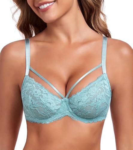 Lemorosy Push Up BH Damen Mit Bügel Große Brüste Starker Halt Ungepolster Vollschalen Spitze Blumen Große Größen BHS (Türkis,90F) von Lemorosy