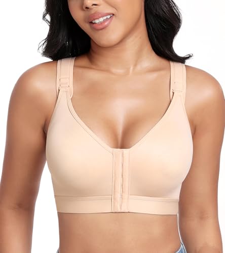 Lemorosy BH Damen Ohne Bügel Starker Halt Vorderverschluss Racerback Postoperativer Sport Verstellbare BH (Beige,90B) von Lemorosy