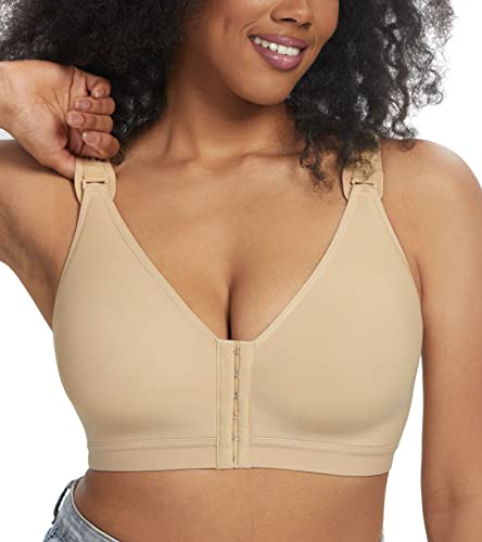 Lemorosy Damen Postoperativer Starker Halt Sport BH Verstellbare Ohne Bügel Vorderverschluss Racerback(Beige,M) von Lemorosy