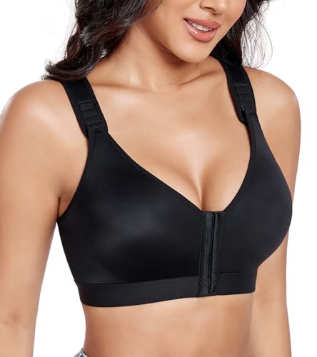 Lemorosy BH Damen Ohne Bügel Starker Halt Vorderverschluss Racerback Postoperativer Sport Verstellbare BH (Schwarz,85D) von Lemorosy
