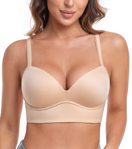 Lemorosy Damen Push Up BH Bügellos Gepolstert Tief V-Ausschnitt Soft Bustier(Beige,32D) von Lemorosy