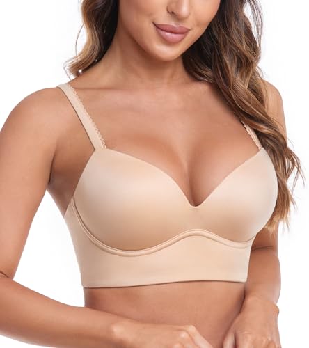 Lemorosy Damen Push Up BH Bügellos Gepolstert Tief V-Ausschnitt Soft Bustier(Beige,34C) von Lemorosy