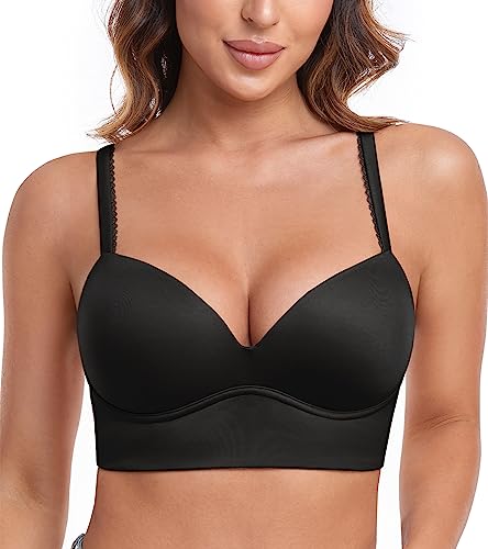 Lemorosy Damen Push Up BH Bügellos Gepolstert Tief V-Ausschnitt Soft Bustier(Schwarz,32C) von Lemorosy