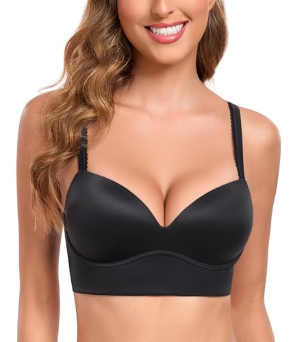 Lemorosy BH Damen Ohne Bügel Push Up Nahtlose T-Shirt BH Bügellos Gepolstert Tief V-Ausschnitt Klassisch Bequem Casual Bustier mit Breite Trägern (Schwarz,36DD) von Lemorosy