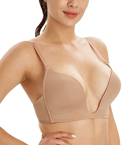 Lemorosy Damen Push up BH Tief V-Ausschnitt Leicht Gepolstert U-Form BH Ohne Bügel(Beige,75D) von Lemorosy