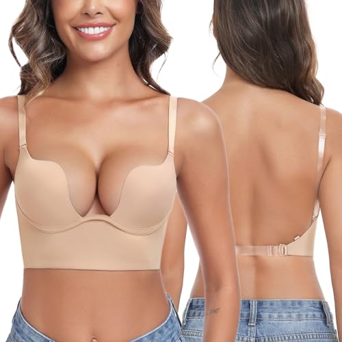 Lemorosy Damen Rückenfrei BH Tief U-Ausschnitt Push Up Bra mit Bügel Niedrigem Rücken Multiway-Träger(Beige,80A) von Lemorosy