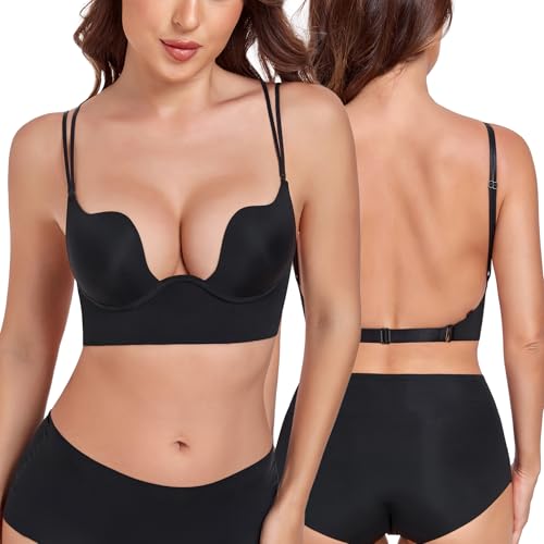 Lemorosy Damen Rückenfrei BH Tief U-Ausschnitt Push Up Bra mit Bügel Niedrigem Rücken mit Trägern (Schwarz,85D) von Lemorosy
