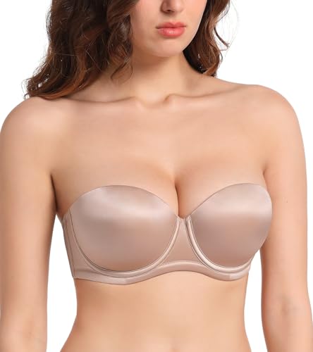 Lemorosy Damen Trägerloser BH Push Up Große Größen Starker Halt Gepolsterte Bügel Multiway Bra Abnehmbare Träger (Beige,80D) von Lemorosy
