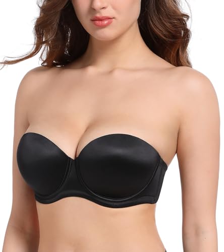 Lemorosy Damen Trägerloser BH Push Up Große Größen Starker Halt Gepolsterte Bügel Multiway Bra Abnehmbare Träger (Schwarz,85C) von Lemorosy