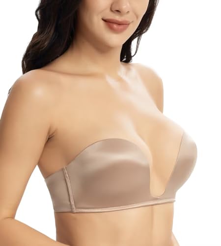 Lemorosy Damen Trägerloser BH Push Up U Bügel Komfort Gepolstert Rückenfrei Bra mit Abnehmbare Träger(Beige,70B) von Lemorosy