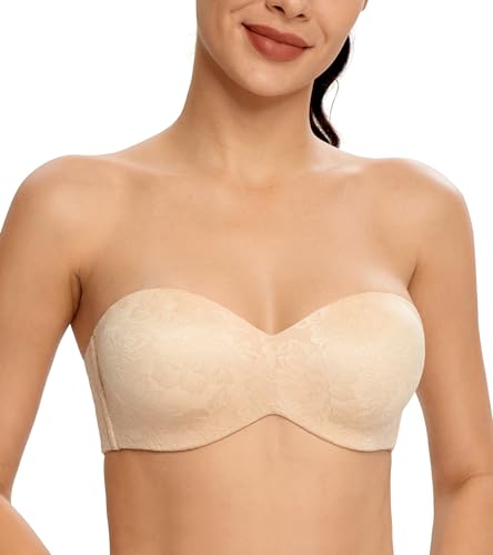 Lemorosy Damen Trägerloser BH V-Ausschnitt Bügel Push Up Minimizer BH Abnehmbare Träger T-Shirt-BH(Jacquard Beige,75E) von Lemorosy