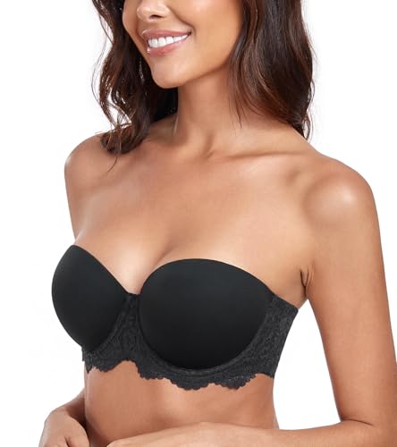 Lemorosy Damen Trägerloser BH Vollschalen Bügel Abnehmbare Träger Große Größen Multiway Minimizer BH Roter Teppich(Spitze Schwarz,85C) von Lemorosy