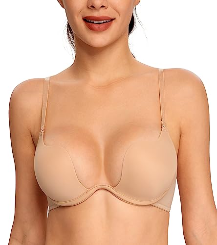 Lemorosy Damen U Bügel BH Komfort Push Up Tief V-Ausschnitt Gepolstert Rückenfrei Bra(Beige,75A) von Lemorosy