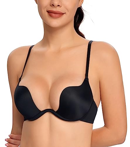 Lemorosy Damen U Bügel BH Komfort Push Up Tief V-Ausschnitt Gepolstert Rückenfrei Bra(Schwarz,80C) von Lemorosy