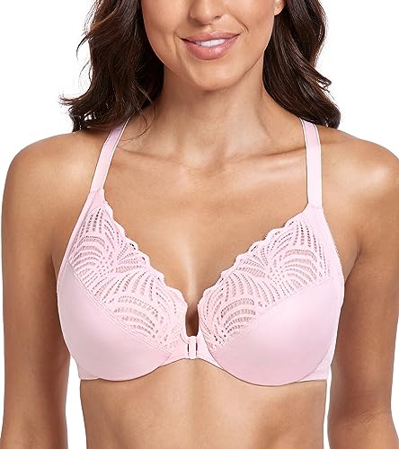 Lemorosy Damen Vollschalen Ungepolster Bügel BH Vorne Vershcluss T-Shirt BH Komfort Große Größen T-Rücken Blumenspitze(Rosa,105C) von Lemorosy