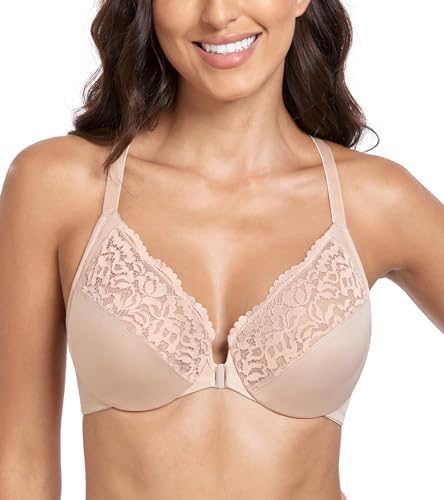 Lemorosy Damen Vorne Vershcluss BH Vollschalen Ungepolster Bügel BH Blumen Große Größen(Beige,85G) von Lemorosy