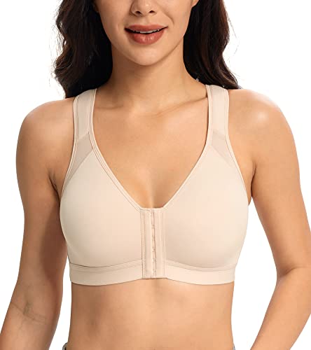 Lemorosy BH Damen Ohne Bügel Vorne Verschluss Große Größen Starker Halt Vollschalen Ungepolstert Bügelloser Klassischer BH Rückenstütze Racerback(Beige,80E) von Lemorosy